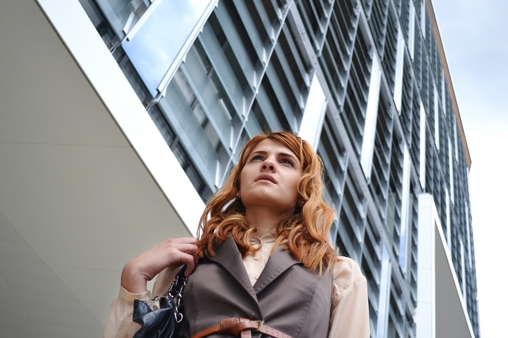 Corporate woman and building